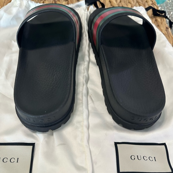AUTHENTIC GUCCI Slides Mens 5 • Women 7 - 7.5 Like NEW Black with Green & Red - Picture 2 of 14